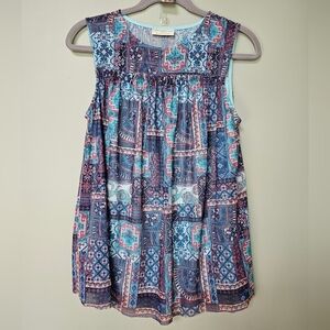 Bobbie Brooks Sheer Yoke Aqua Blue Pink Mesh Sleeveless Boho Blouse